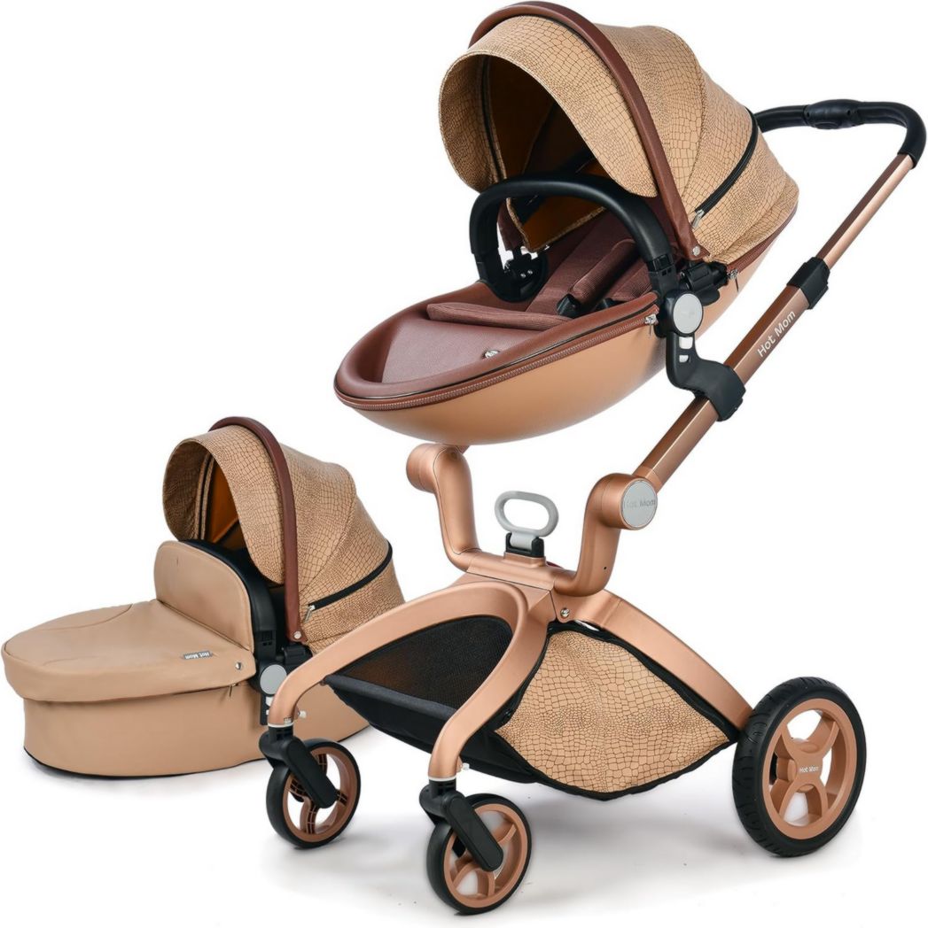 Poussette classique Hot Mom Combi 3 en 1, ensemble complet, cadre en aluminium, pneus en caoutchouc plein, protection contre la pluie et moustiquaire, modèle F22 (noir-3, avec siège auto)