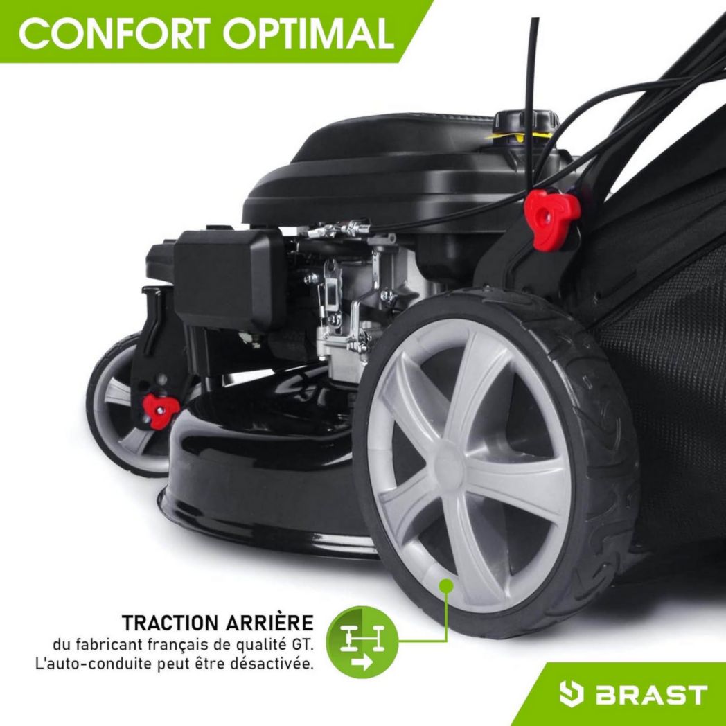 Tondeuse thermique 3 roues BRAST TRIKE E-START 224cc 53cm autotractée démarrage électrique mulching 4en1 capot tôle acier 60l - moteur 4 temps de la marque française GT réglable