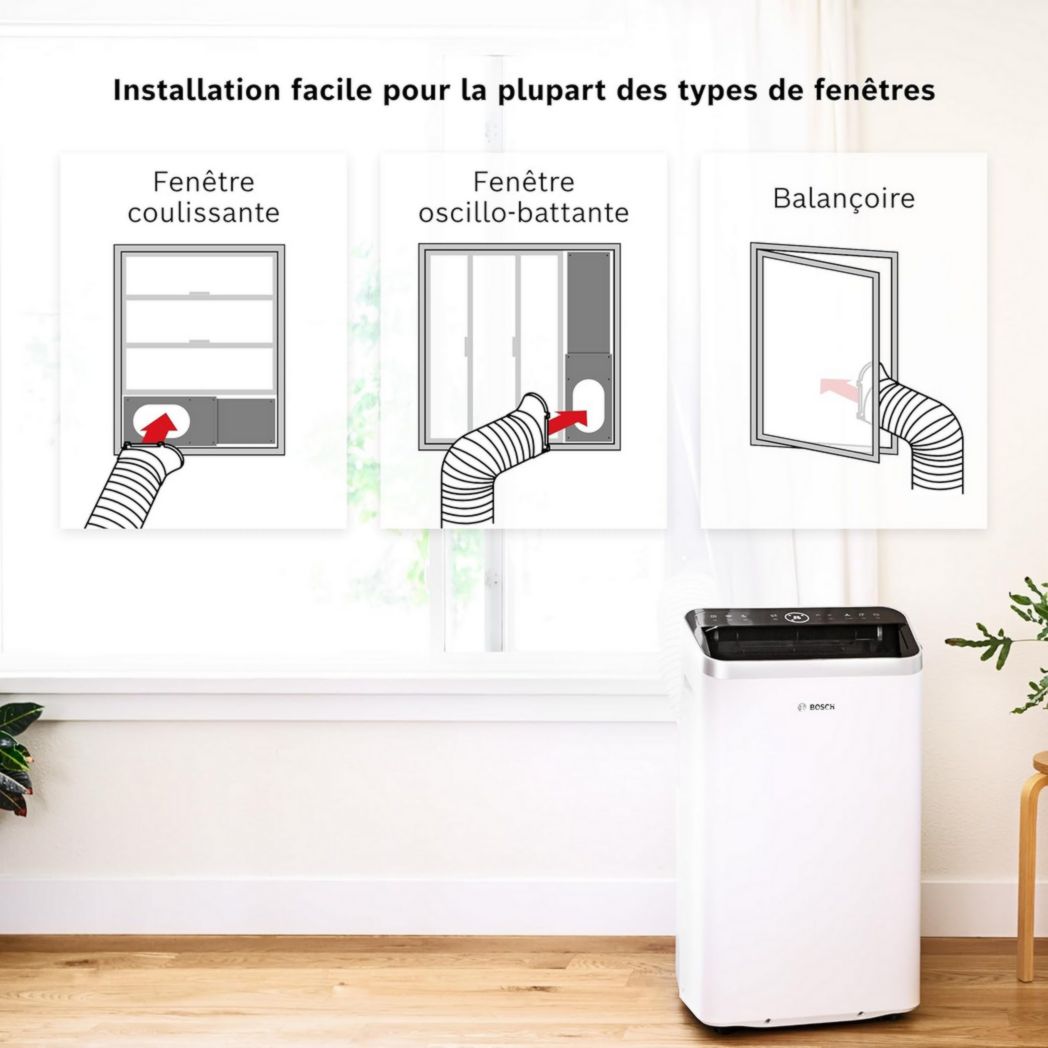 Climatiseur portable Bosch Cool 2000 - 3 en 1 : climatiseur, déshumidificateur, ventilateur - 2,6 kW PAC pour pièces jusqu'à 35 m² - Avec modes automatique, silencieux et veille