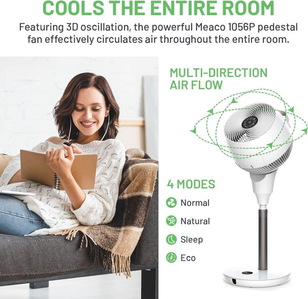 Circulateur d'air Meaco MeacoFan 1056 pour chambre à coucher, ventilateur de bureau, silencieux, économie d'énergie, refroidissement de toute la pièce – Blanc