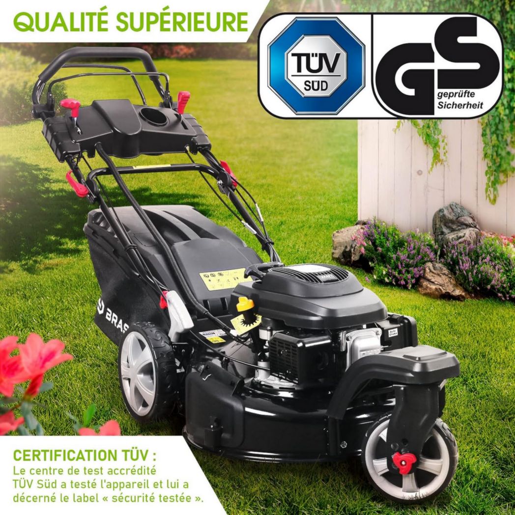 Tondeuse thermique 3 roues BRAST TRIKE E-START 224cc 53cm autotractée démarrage électrique mulching 4en1 capot tôle acier 60l - moteur 4 temps de la marque française GT réglable