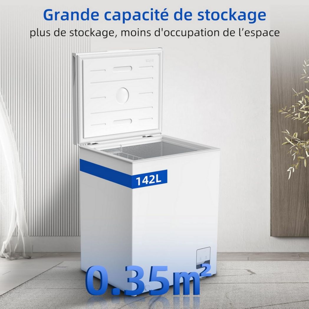 Congélateur coffre CHIQ 142 L, 63,5 x 55,6 x 83,5 cm, congélateur Inverter, affichage de la température extérieure, congélation rapide -32 °C, grille métallique, faible niveau sonore