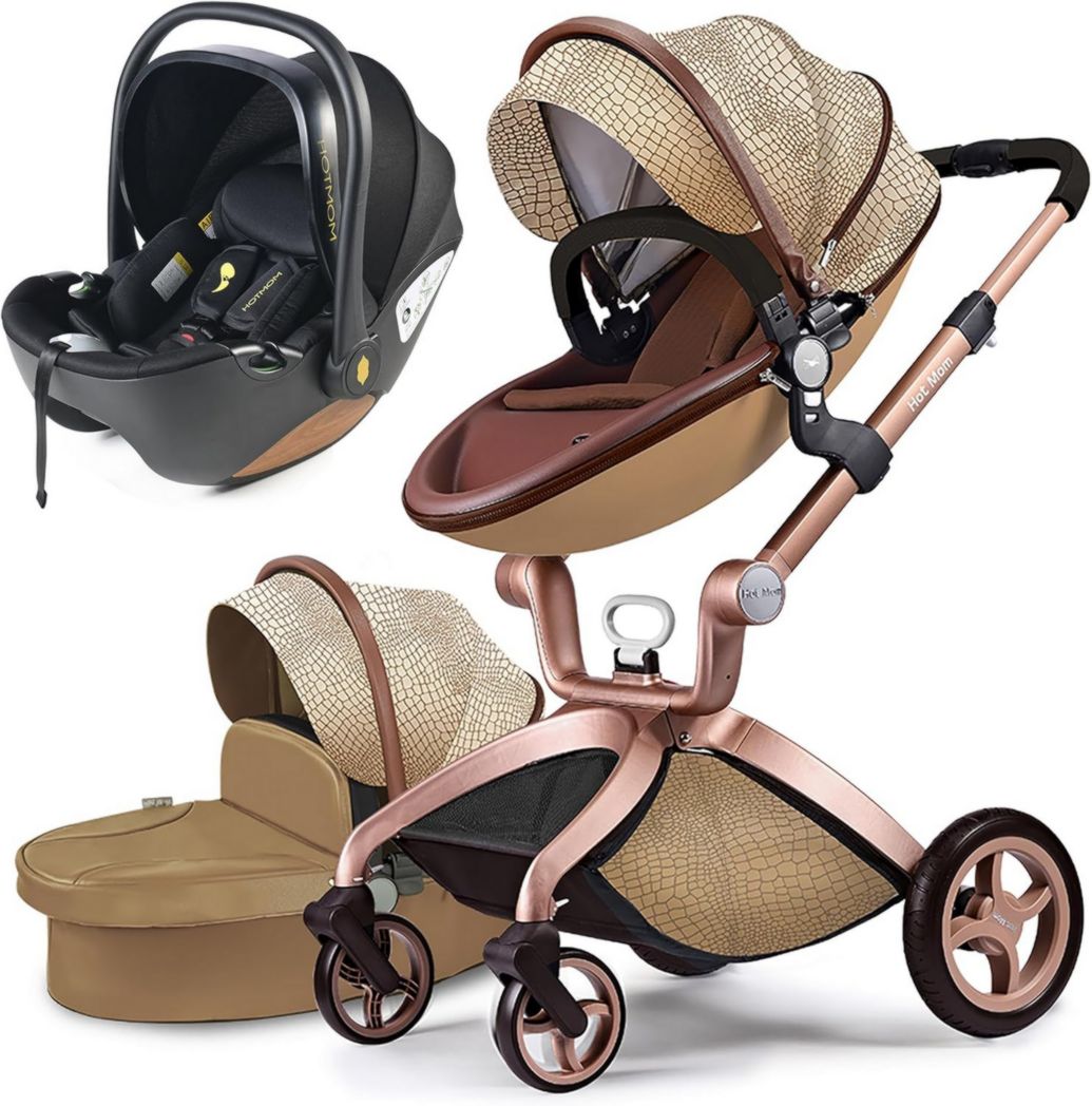 Poussette classique Hot Mom Combi 3 en 1, ensemble complet, cadre en aluminium, pneus en caoutchouc plein, protection contre la pluie et moustiquaire, modèle F22 (noir-3, avec siège auto)