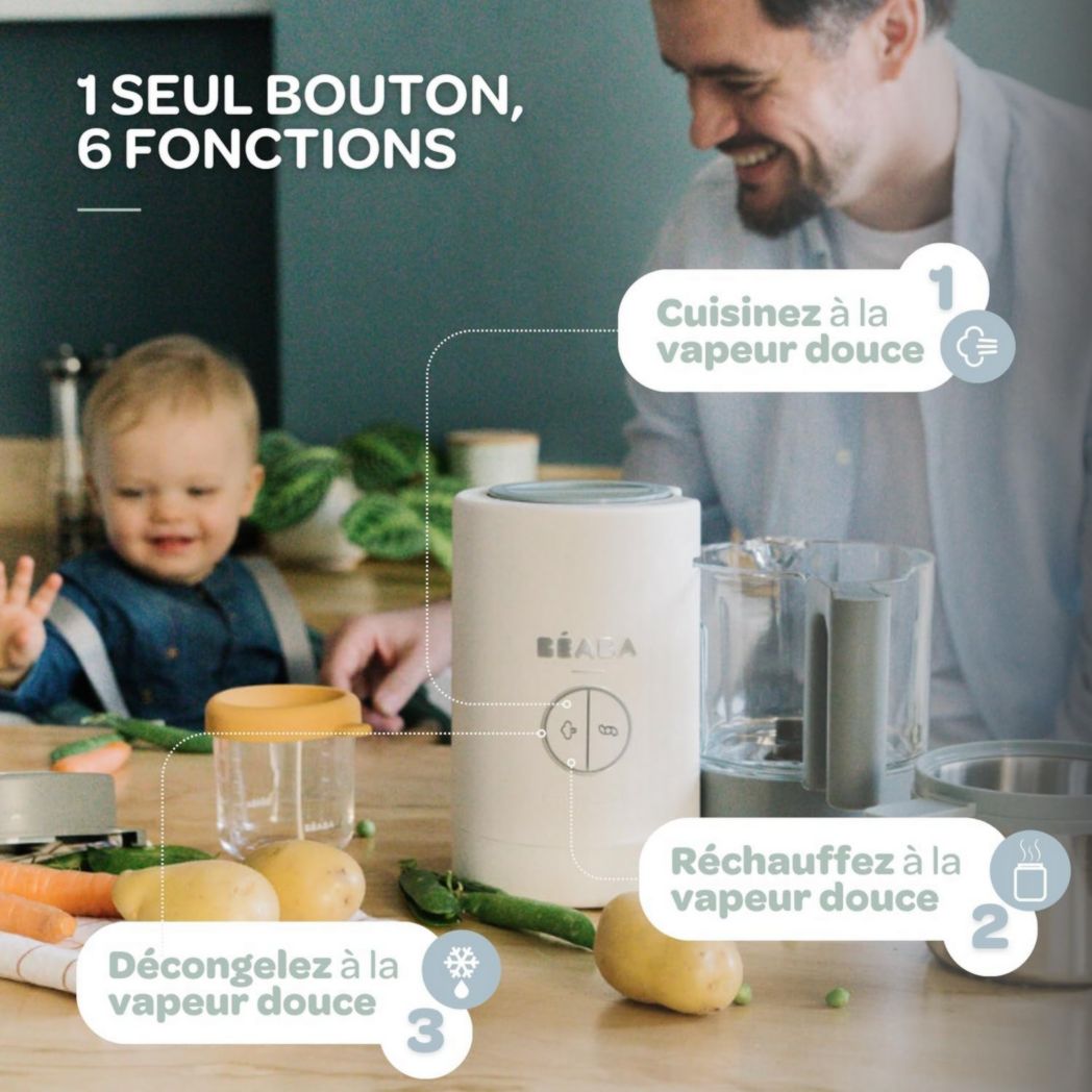 BÉABA, Babycook Néo, Mixeur et Cuiseur Vapeur 6 en 1, Robot Cuiseur Bébé Fabriqué en France, Bol en Verre, Cuve en Inox, Grande Capacité, Diversification des Aliments, Petits Pots Bébé Maison, Rapide, Eucalyptus