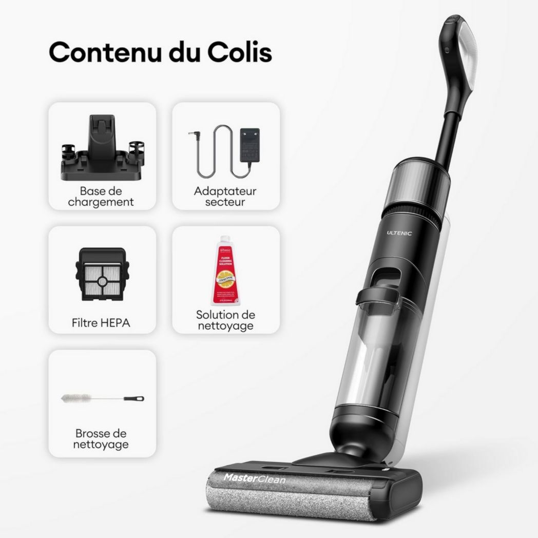 Aspirateur balai sans fil Ultenic AC1 Elite, 3 en 1, eau et poussière, léger, autonomie de 50 minutes, grand réservoir de 1,15 L, idéal pour les saletés tenaces et les sols durs.