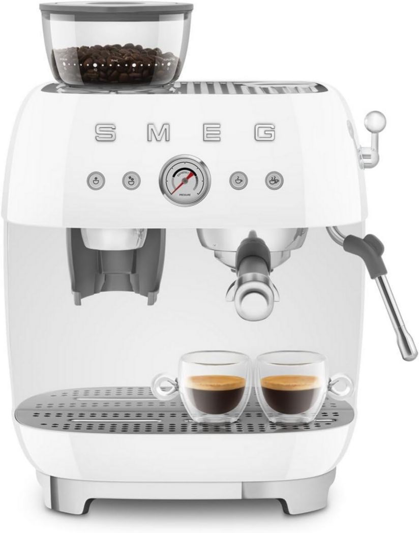 Machine à expresso manuelle Smeg EGF03CREU, avec moulin à grains intégré, thermoblock, 4 niveaux de température, buse vapeur et manomètre, réservoir 1 L, dimensions compactes, 1350 W, couleur crème