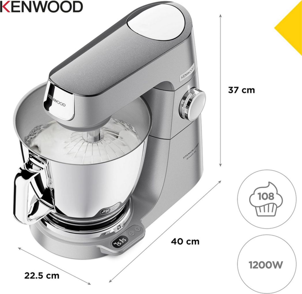 Robot pâtissier Kenwood Titanium Chef Baker XL, avec batteur K-Beater, crochet pétrisseur, fouet et bol de 7 litres, KVL85.424SI, 1 200 W, argent