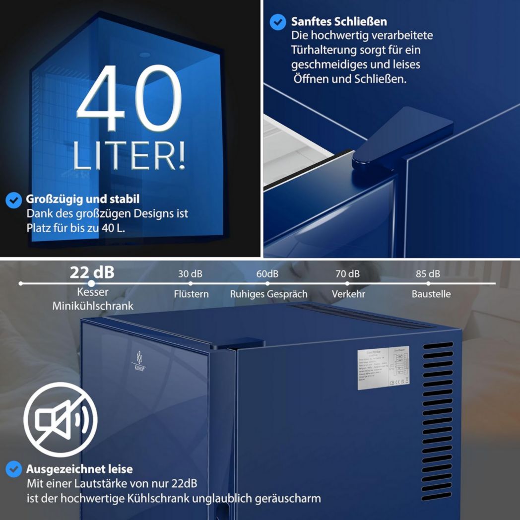 Mini-réfrigérateur KESSER® avec serrure, mini-bar 40 l, silencieux, 22 dB, verrouillable, chambre, butée de porte amovible, environ 4 à 16 °C, hauteur 57 cm, éclairage intérieur