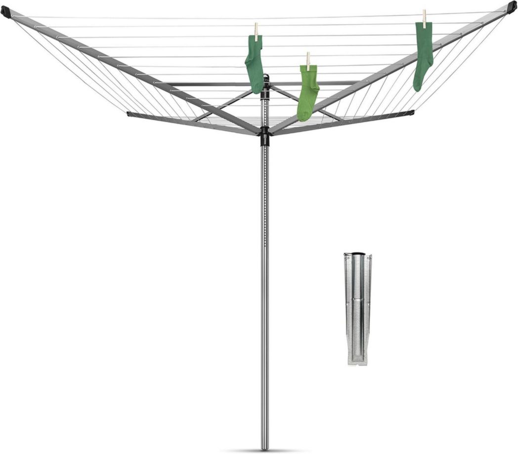 Brabantia - Séchoir à linge Lift-O-Matic - Étendoir à linge d'extérieur - Antidérapant - Résistant aux UV, 60 m - Rotation fluide - Pratique - Douille métallique à planter - Gris métallisé - 295 cm