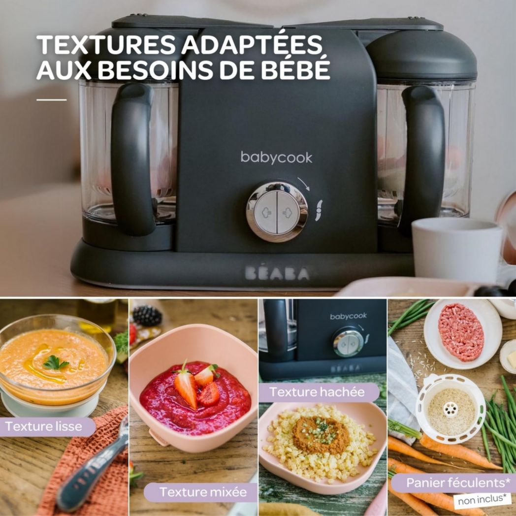 BÉABA, Robot Cuiseur Bébé 4 en 1 Babycook Duo, Mixeur-Cuiseur, Cuisson Vapeur Rapide 15 minutes, Diversification des Aliments, Petits Pots Bébé Maison, Capacité XXL 2200 ml, Noir