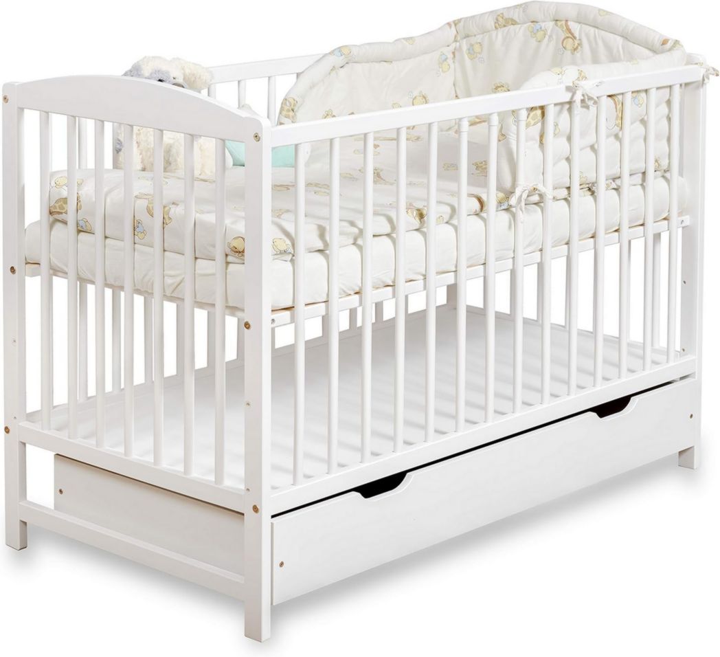 Lit bébé moto-MOLTICO 60x120 cm avec tiroir – Lit en bois réglable en hauteur, transformable en lit enfant avec barrières de sécurité – Lit bébé pour filles et garçons