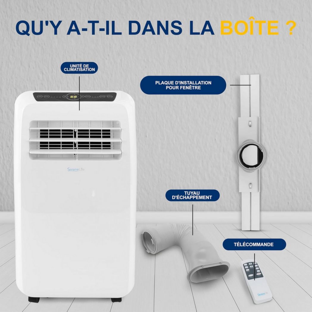 Climatiseur portatif silencieux SereneLife, 9 000 BTU, 3 en 1, avec déshumidificateur intégré, mode ventilateur, télécommande, kit d'extraction complet pour fenêtre, blanc
