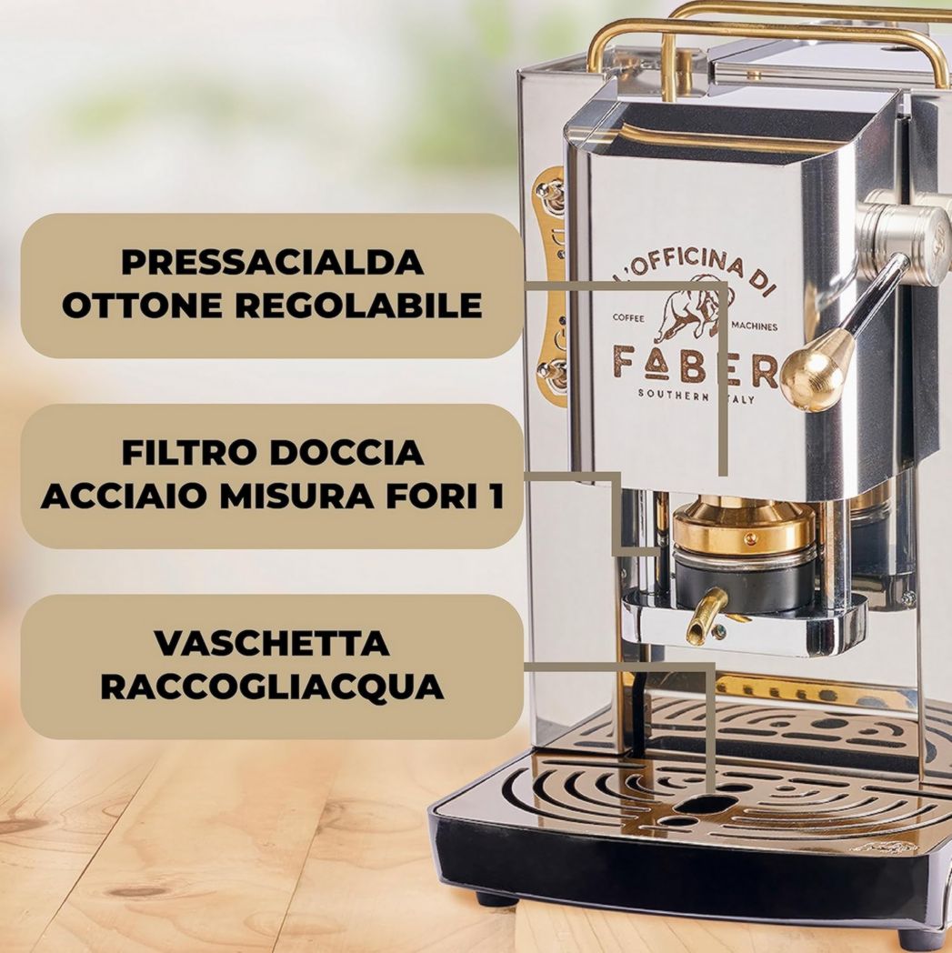 Machines à café Faber | Modèle Pro Total Inox Deluxe | Machine à café à dosettes 44 mm | Pressostat réglable en laiton | Électrovanne standard (laiton)