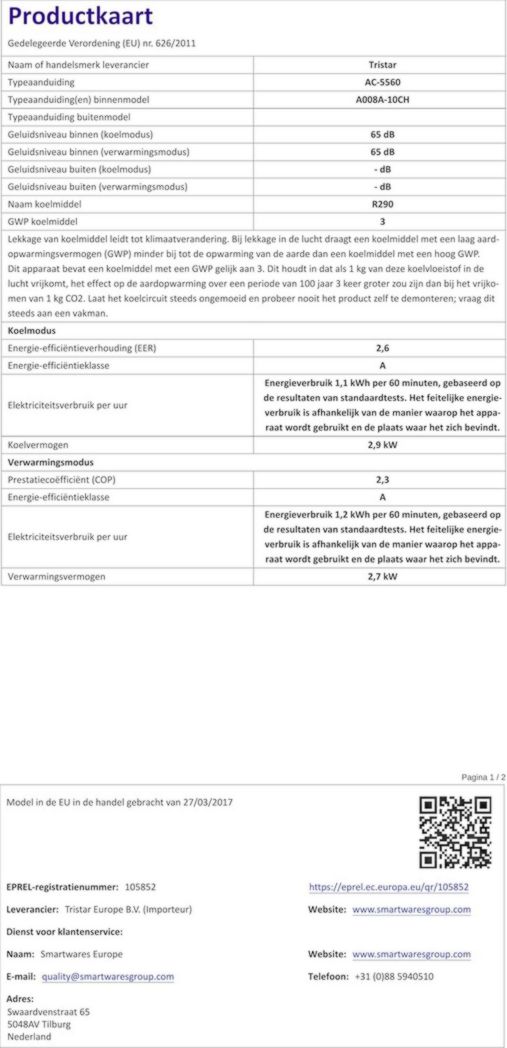 Climatiseur portable Tristar AC-5560, 10 000 BTU et 2,9 kW, fonctions de refroidissement, de déshumidification, de ventilation et de chauffage