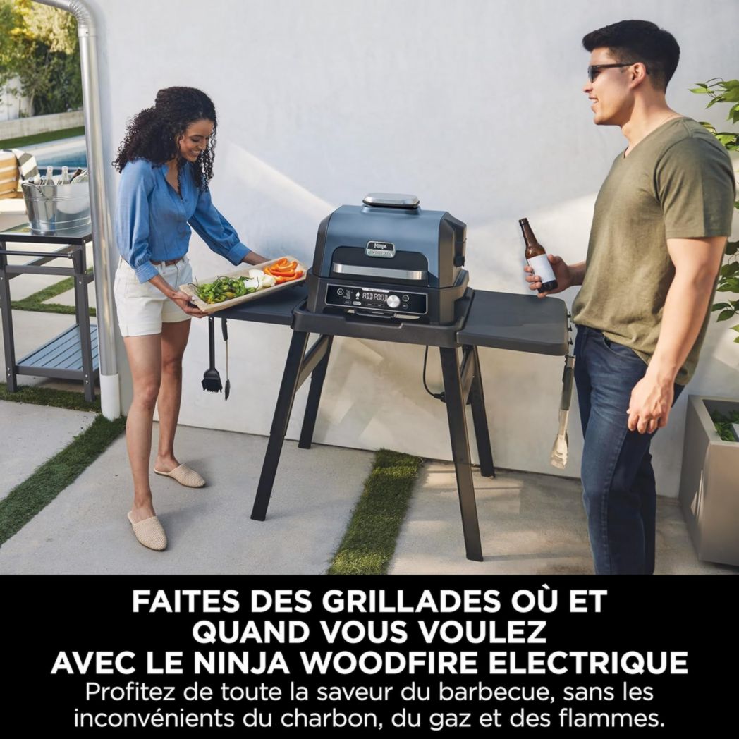 Barbecue et fumoir électrique Ninja Woodfire Pro XL avec thermomètre, barbecue d'extérieur 4 en 1 et friteuse à air avec système de cuisson intelligent et granulés de bois, portable, gris/noir, OG850EU
