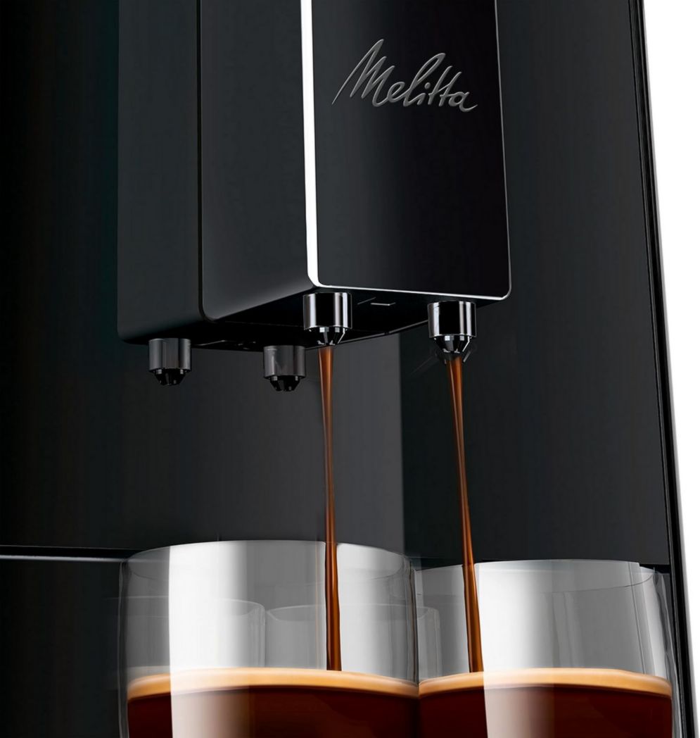 Melitta Caffeo Solo Noir Pure Black, Machine à café à grains avec broyeur et système d'extraction d'arômes, écran LED, mode 1 à 2 tasses, machine à expresso, automatique, E950-222, 1400 W