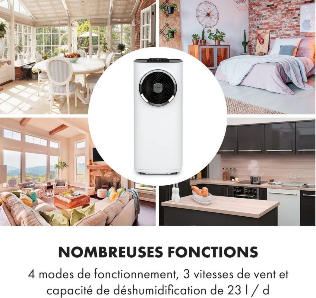 Climatiseur portable silencieux Klarstein, climatiseur portable 5 en 1, mini climatiseur, purificateur et éliminateur d'odeurs, mode nuit, déshumidificateur d'air, faible consommation, 10 000 BTU, climatiseurs
