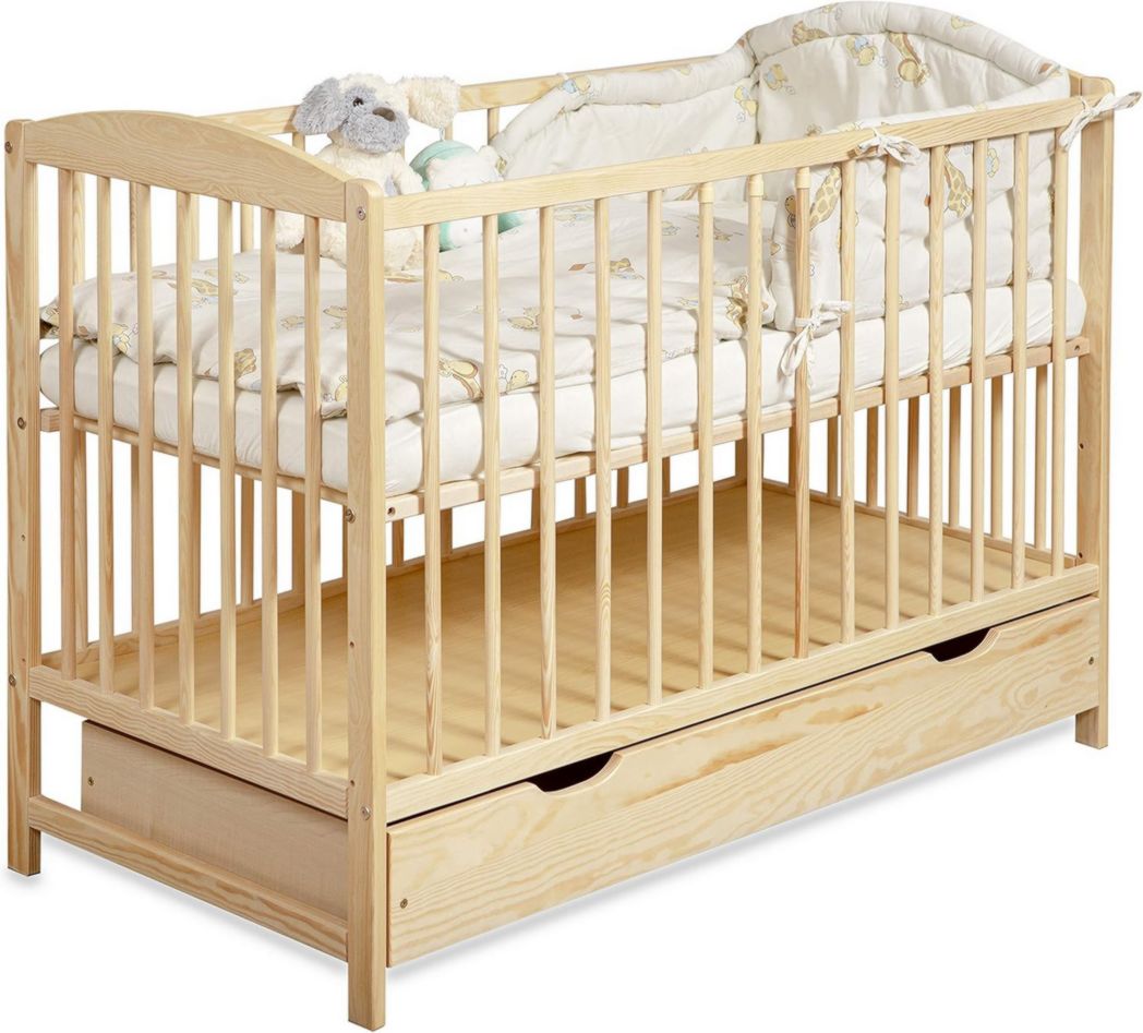 Lit bébé moto-MOLTICO 60x120 cm avec tiroir – Lit en bois réglable en hauteur, transformable en lit enfant avec barrières de sécurité – Lit bébé pour filles et garçons