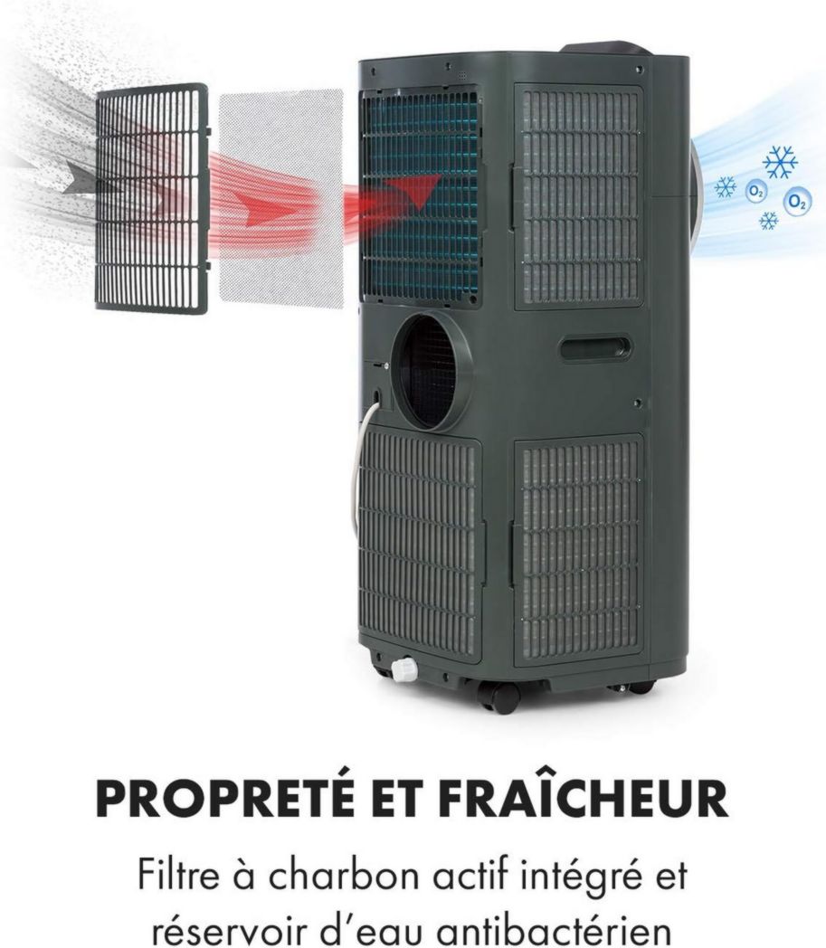 Climatiseur portable silencieux Klarstein, climatiseur portable 5 en 1, mini climatiseur, purificateur et éliminateur d'odeurs, mode nuit, déshumidificateur d'air, faible consommation, 10 000 BTU, climatiseurs