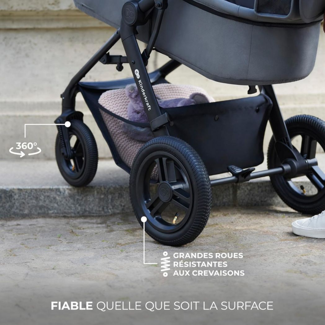 Poussette 3-en-1 Kinderkraft MOOV2, système de voyage de la naissance à 27 kg, siège auto Mink PRO I-Size inclus, pare-soleil extensible avec filtre UPF50+, accessoires pratiques, gris