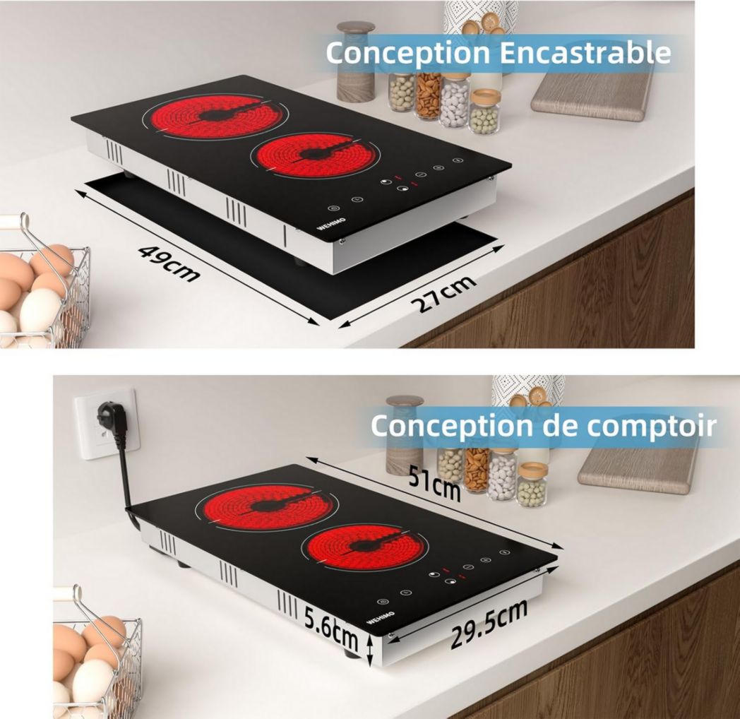 Plaque de cuisson vitrocéramique encastrable 4 feux, WEHIMO 6000W - 59cm - Minuterie, 9 niveaux de puissance, commande tactile, sécurité enfant...