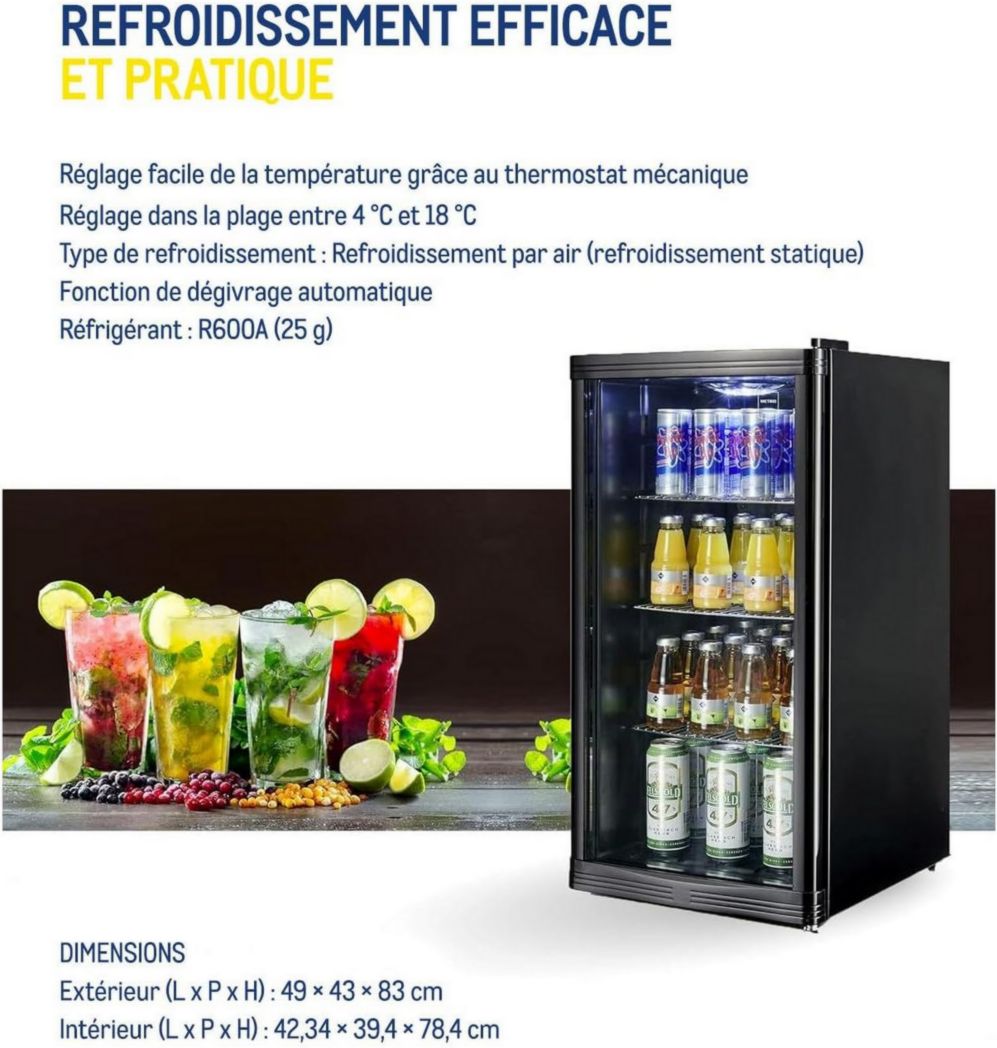 Réfrigérateur à boissons professionnel METRO GPC1088, métal/verre, 43 x 49 x 83 cm, 88 L, réfrigération statique, noir