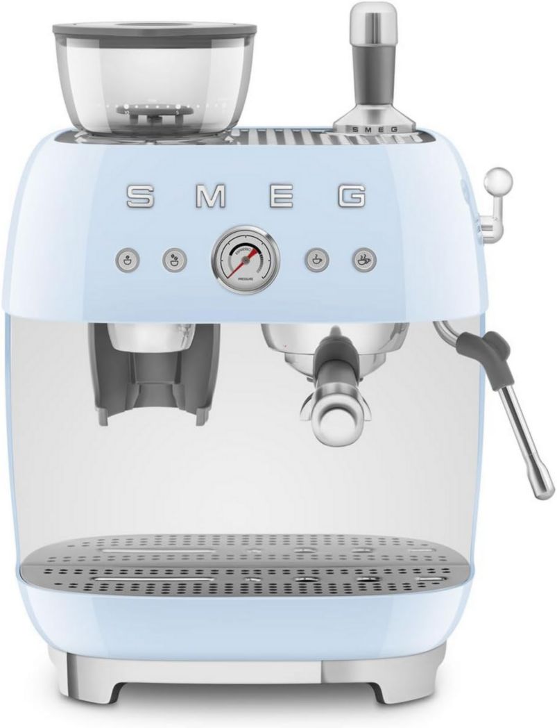 Machine à expresso manuelle Smeg EGF03CREU, avec moulin à grains intégré, thermoblock, 4 niveaux de température, buse vapeur et manomètre, réservoir 1 L, dimensions compactes, 1350 W, couleur crème