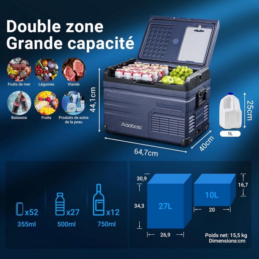 Glacière à compresseur AAOBOSI 46 L, glacière électrique à deux zones, 12 V/24 V et 100-240 V, réfrigérateur de camping, -20 °C à 20 °C, pour voiture, camion, bateau, camping-car