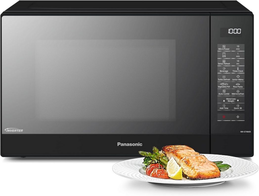 Four à micro-ondes et grill Panasonic NN-GT46KBSUG avec plateau tournant, 31 litres, acier inoxydable, 1 000 W, puissance du gril : 1 100 W, 24 programmes automatiques, écran LCD, capteur Genius, menu Junior, noir