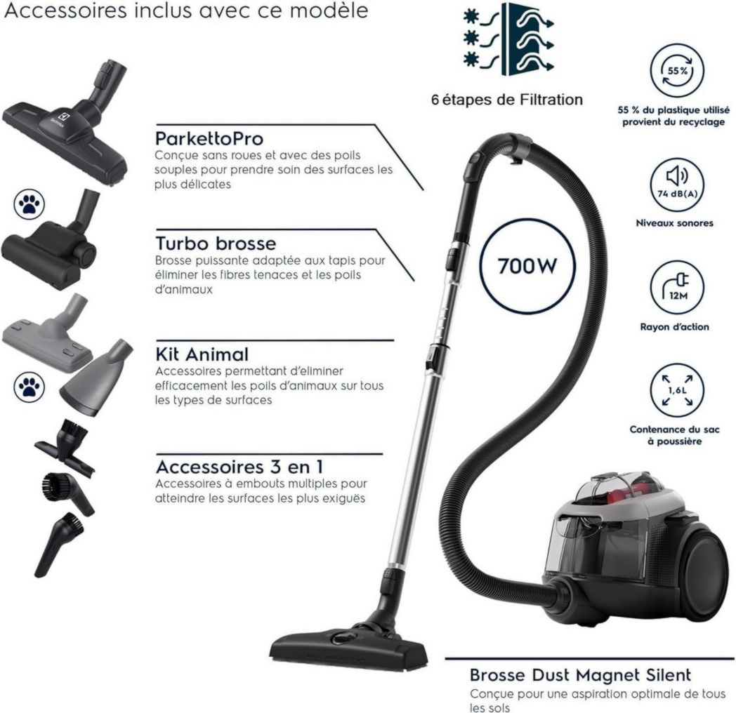 Electrolux Animal 600, aspirateur traîneau sans sac, accessoires pour poils d'animaux, filtration en 6 étapes, gain de place, technologie cyclonique, 55 % de matériaux recyclés, EL61A4UG, gris