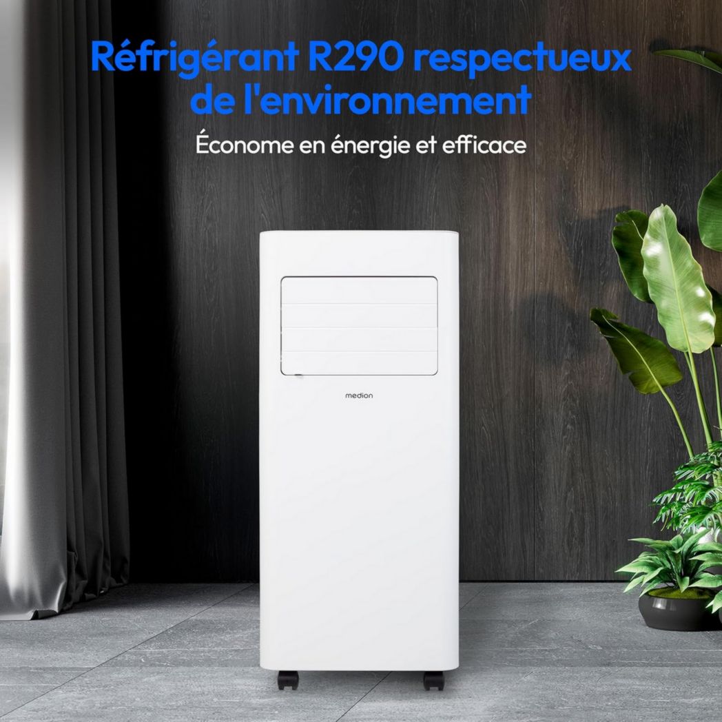 Climatiseur mobile intelligent MEDION P1002 (10 000 BTU, 3 en 1, refroidissement, déshumidification, ventilation, jusqu'à 34 m², kit de joint de fenêtre, mode veille, contrôle Wi-Fi, télécommande, écran, MD 37733)