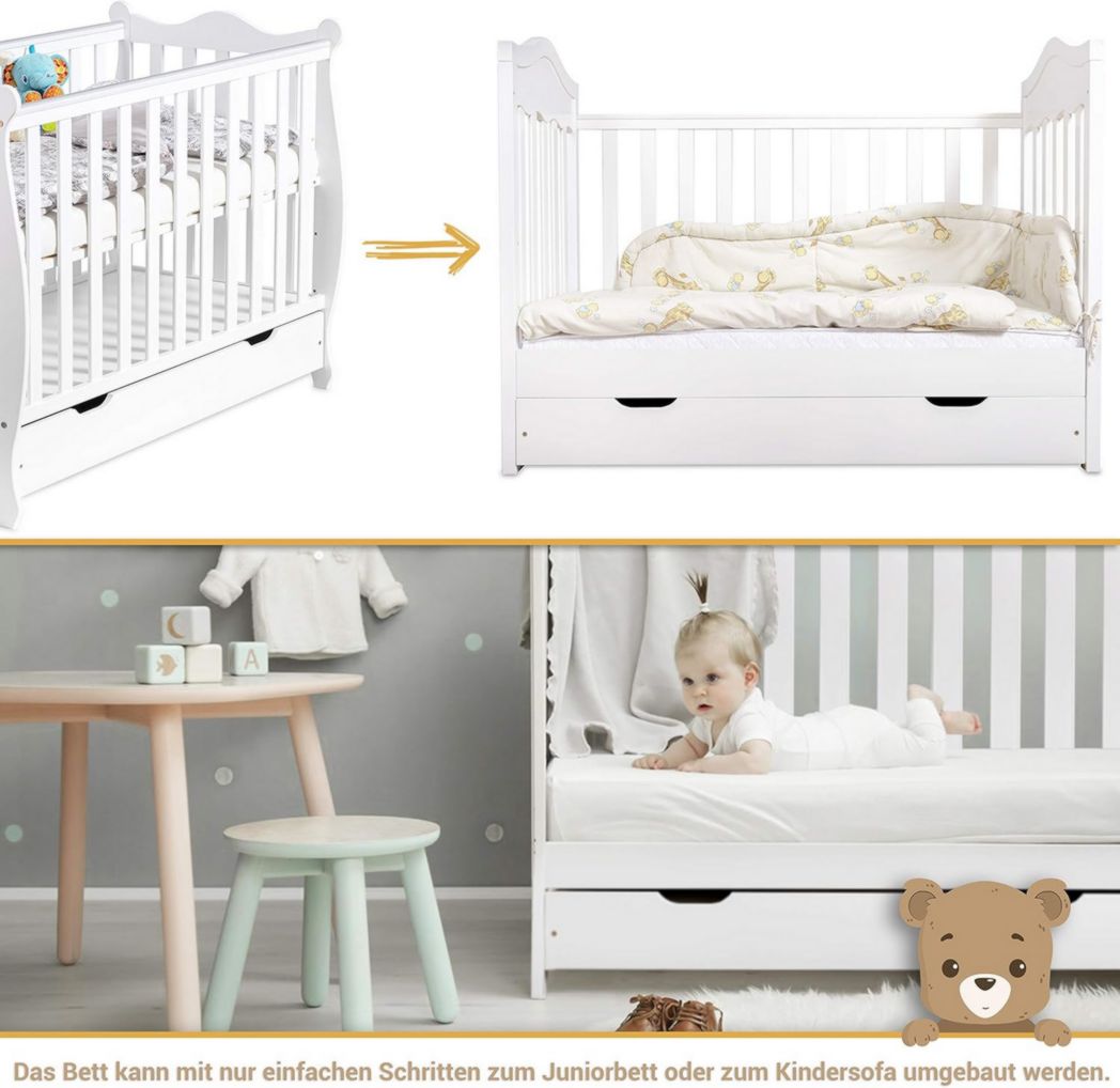 Lit bébé moto-MOLTICO 60x120 cm avec tiroir – Lit en bois réglable en hauteur, transformable en lit enfant avec barrières de sécurité – Lit bébé pour filles et garçons