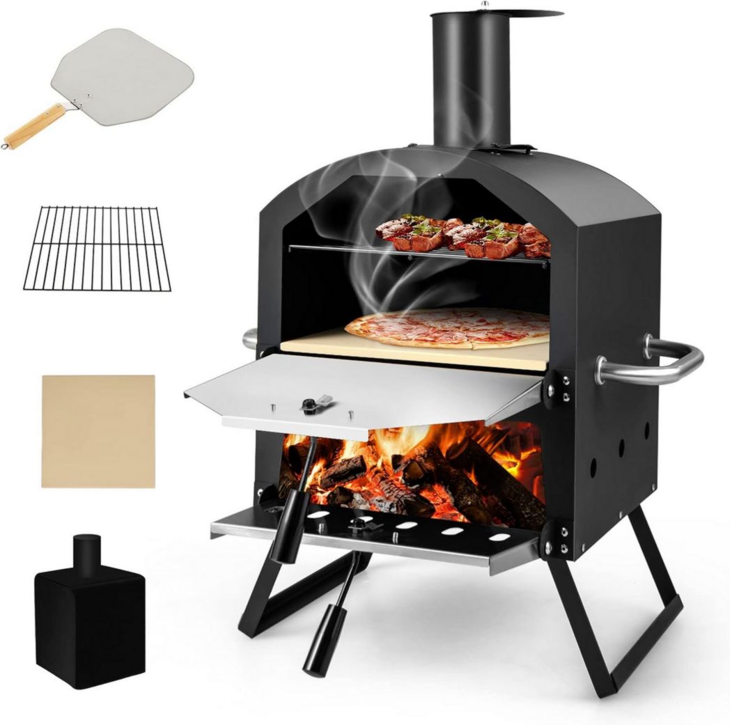 Mini four à pizza d'extérieur GYMAX, four à pizza au feu de bois avec pierre à pizza, pelle à pizza, pieds pliables et poignées portables, ventilateurs réglables, housse étanche