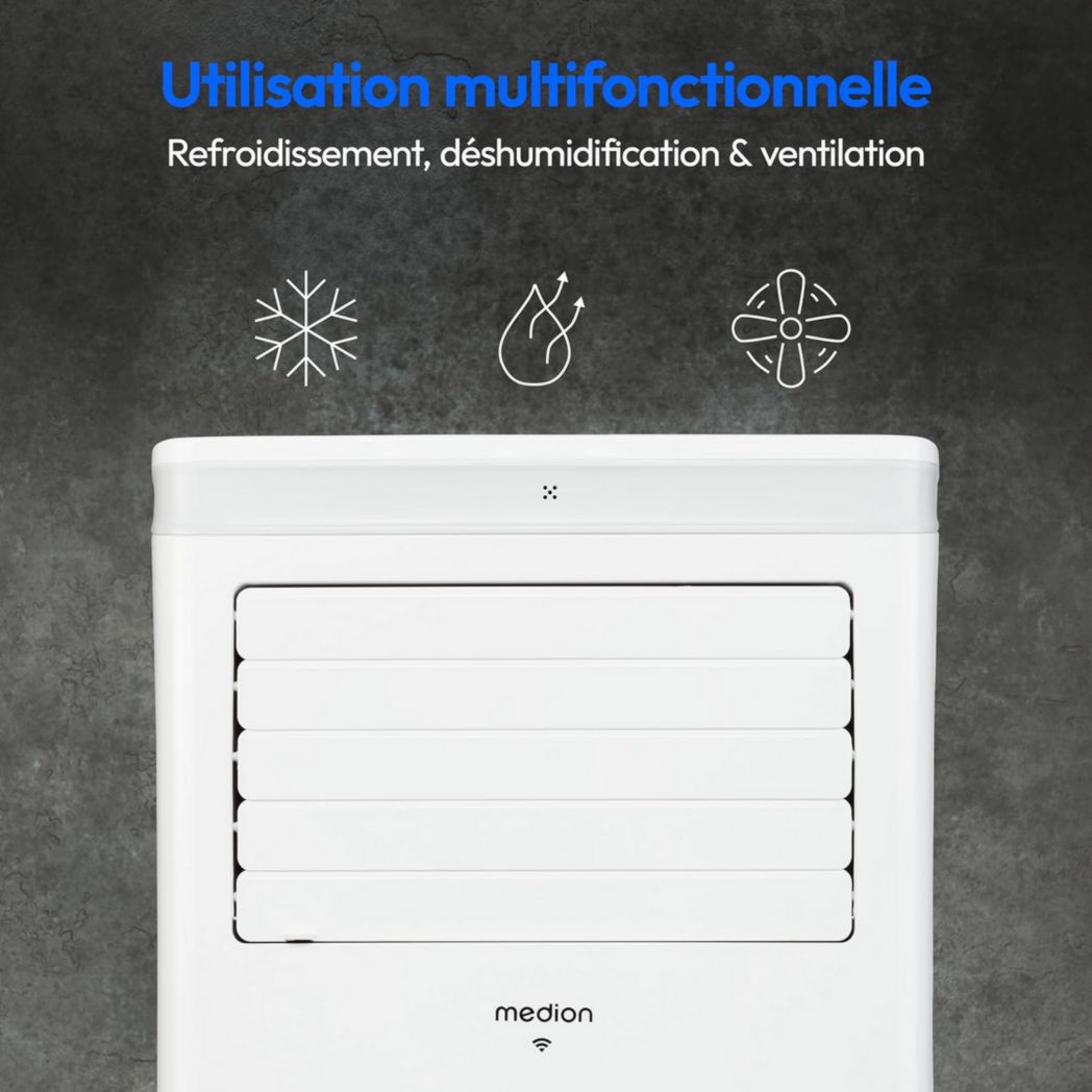 Climatiseur mobile intelligent MEDION P1002 (10 000 BTU, 3 en 1, refroidissement, déshumidification, ventilation, jusqu'à 34 m², kit de joint de fenêtre, mode veille, contrôle Wi-Fi, télécommande, écran, MD 37733)