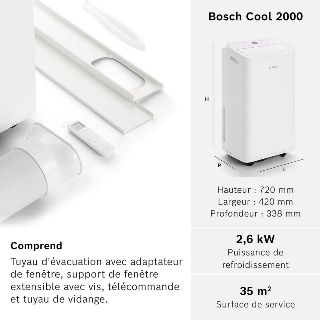 Climatiseur portable Bosch Cool 2000 - 3 en 1 : climatiseur, déshumidificateur, ventilateur - 2,6 kW PAC pour pièces jusqu'à 35 m² - Avec modes automatique, silencieux et veille