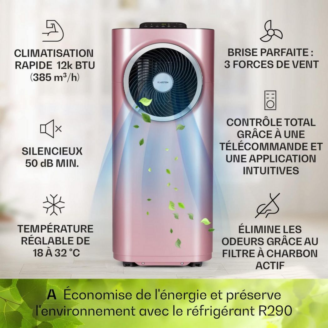 Climatiseur portable silencieux Klarstein, climatiseur portable 5 en 1, mini climatiseur, purificateur et éliminateur d'odeurs, mode nuit, déshumidificateur d'air, faible consommation, 10 000 BTU, climatiseurs
