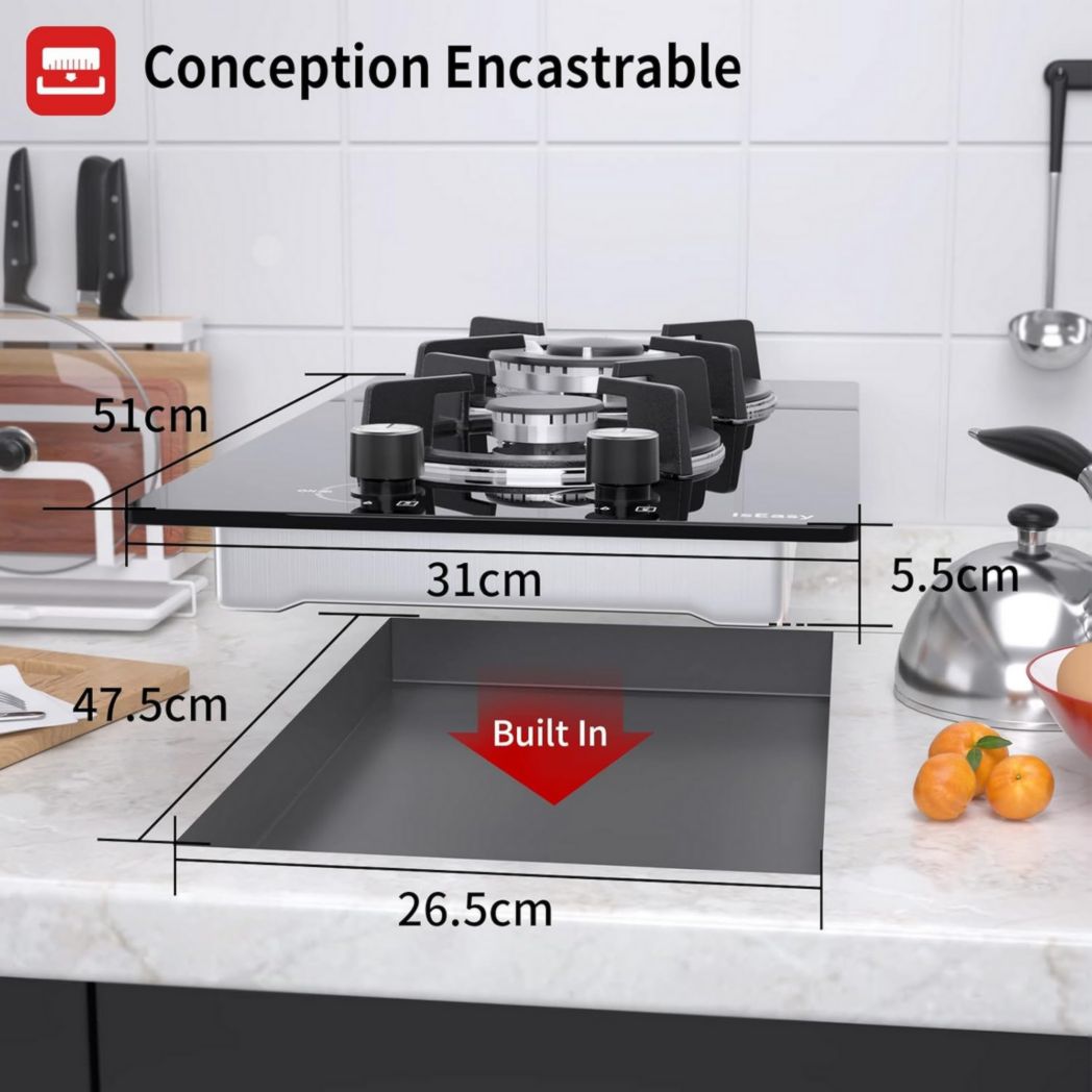 Plaque de cuisson à gaz 4 feux, plaque de cuisson 60 cm - Cuisinière encastrable - Gaz de ville et gaz en bouteille (4 feux - Verre)