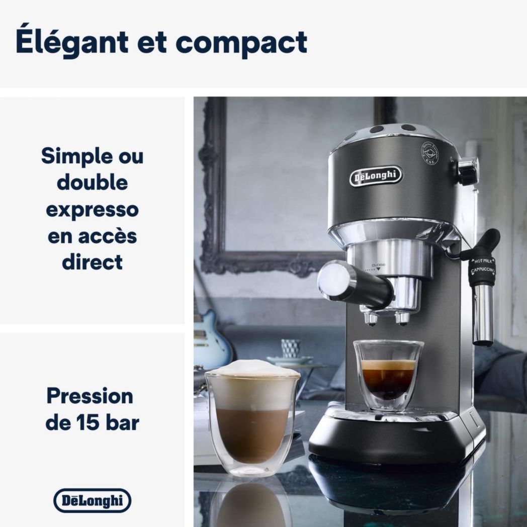 De'Longhi Dedica Style EC685.M, Machine à expresso avec buse à mousse de lait professionnelle, seulement 15 cm de large, réservoir de 1 L, boîtier en métal, compatible avec les dosettes ESE, métal