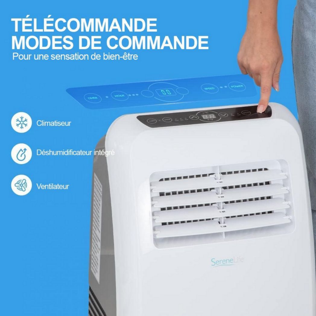 Climatiseur portatif silencieux SereneLife, 9 000 BTU, 3 en 1, avec déshumidificateur intégré, mode ventilateur, télécommande, kit d'extraction complet pour fenêtre, blanc