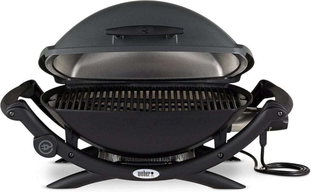 Barbecue électrique Weber Q2400 avec support et tablettes latérales, surface de cuisson 54 x 39 cm, grille en fonte émaillée (2 parties), couvercle et cuve en fonte d'aluminium - Gris foncé (55020053)