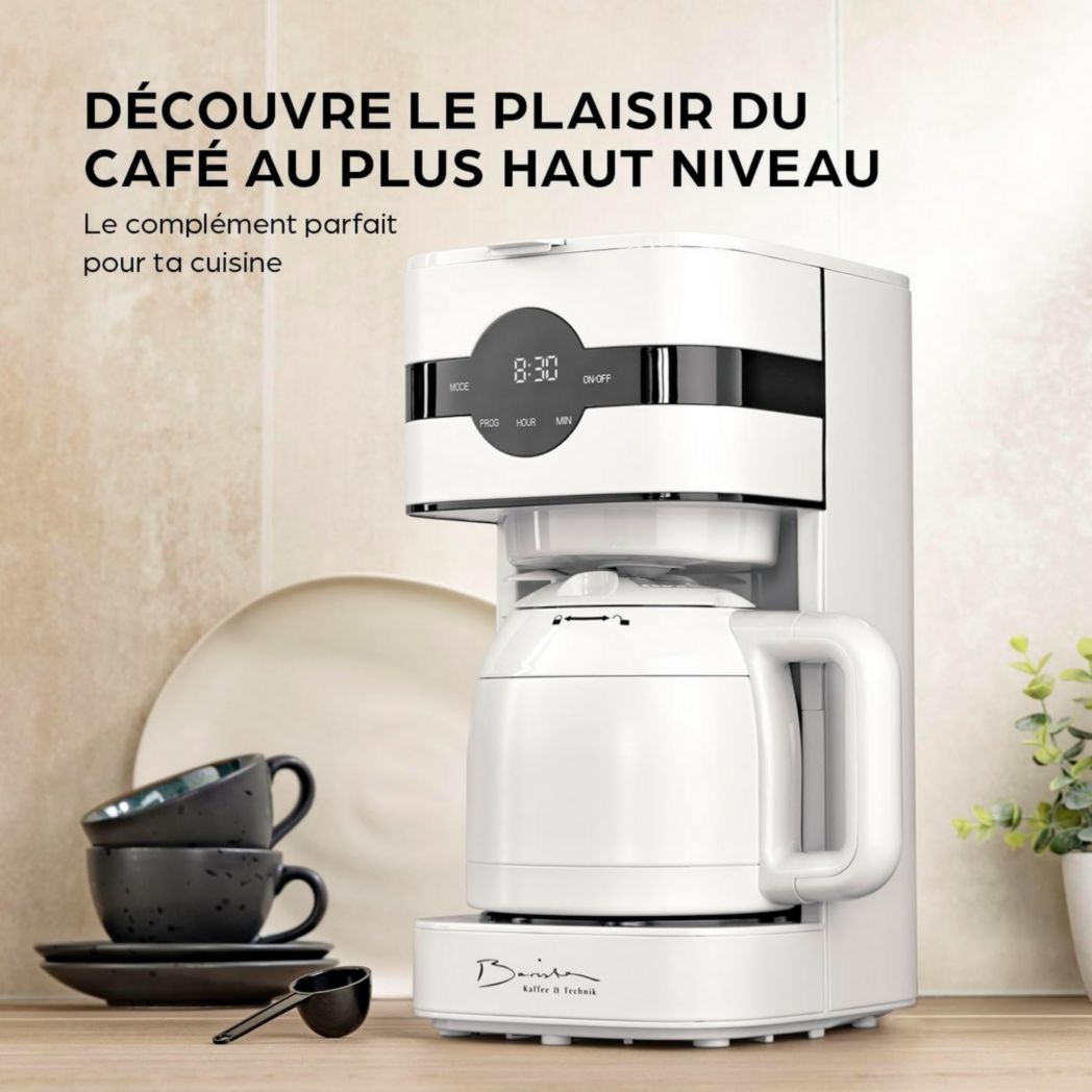 Cafetière filtre Barista avec verseuse isotherme de 1 L pour 12 tasses de café, machine à café à grains avec moulin et affichage numérique, fonction minuterie