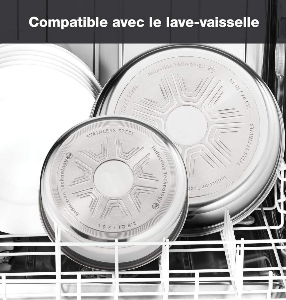Batterie de cuisine Seb Compact Inox 10 pièces, Induction, poêles 22/24/26 cm, casseroles 16/18/20 cm, sauteuse 24 cm, couvercles 18/20 cm, 1 poignée L953SA04, Noir, argent, ‎35,4 x 35,29 x 26,8 cm