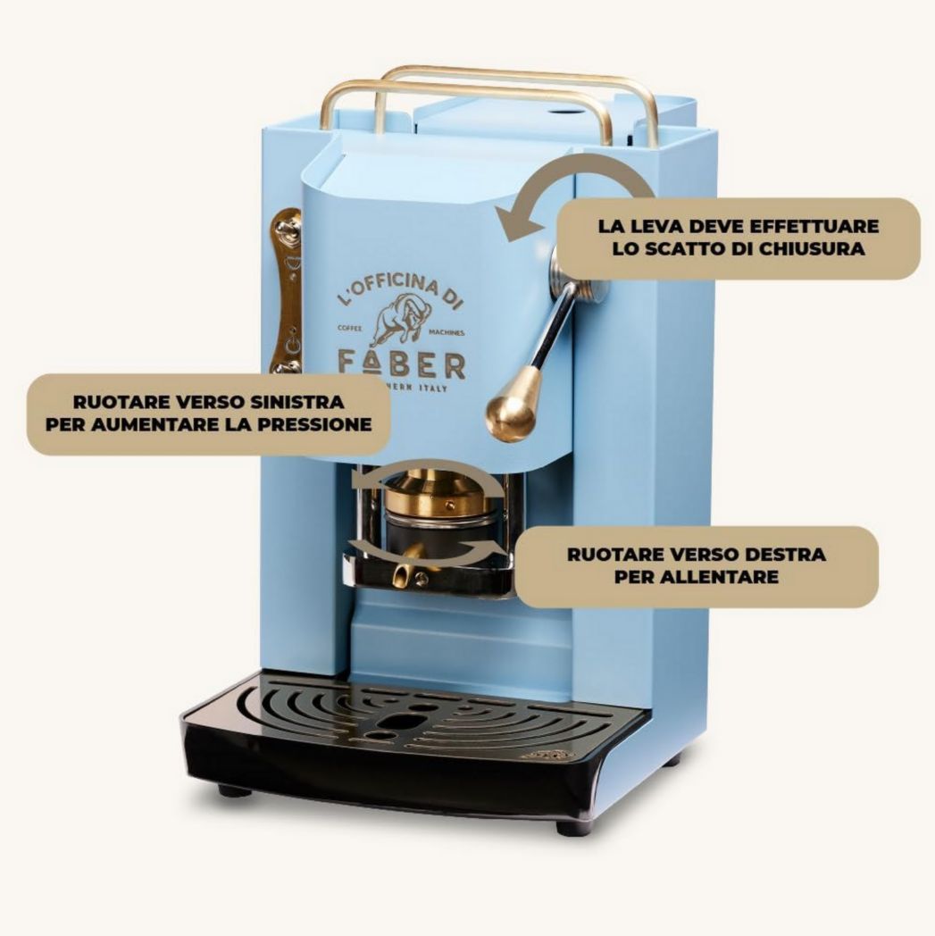 Machines à café Faber | Modèle Pro Total Inox Deluxe | Machine à café à dosettes 44 mm | Pressostat réglable en laiton | Électrovanne standard (laiton)