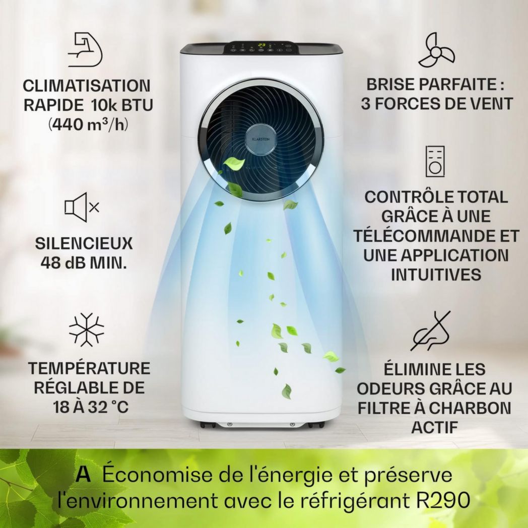 Climatiseur portable silencieux Klarstein, climatiseur portable 5 en 1, mini climatiseur, purificateur et éliminateur d'odeurs, mode nuit, déshumidificateur d'air, faible consommation, 10 000 BTU, climatiseurs