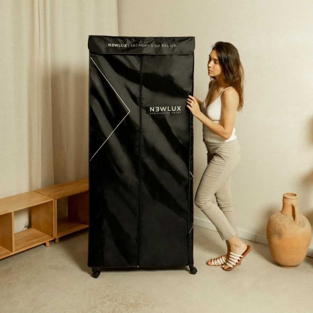 Newlux - Sèche-linge électrique portable Secadry noir avec lampe UV pour la désinfection, 15 kg, température 180 min, 4 niveaux, ventilateur (1200 W), sèche-linge 3 en 1, armoire, sèche-linge