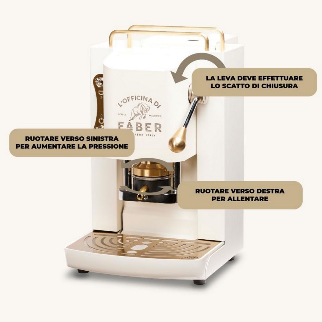 Machines à café Faber | Modèle Pro Total Inox Deluxe | Machine à café à dosettes 44 mm | Pressostat réglable en laiton | Électrovanne standard (laiton)