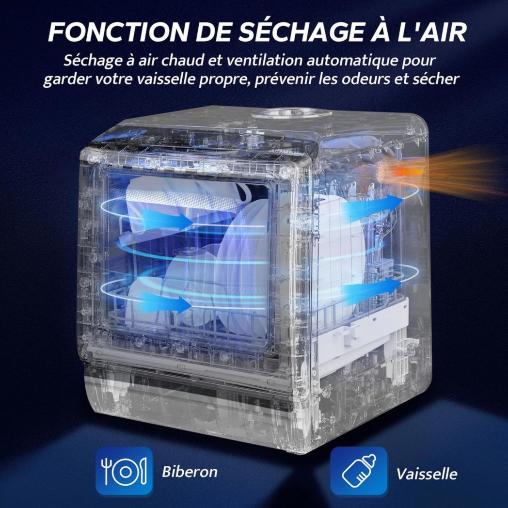 Mini lave-vaisselle de comptoir AIRMSEN, 5+1 programmes, réservoir d'eau de 5 L, commandes tactiles et écran LED, convient aux cuisines familiales, appartements et dortoirs, blanc et noir