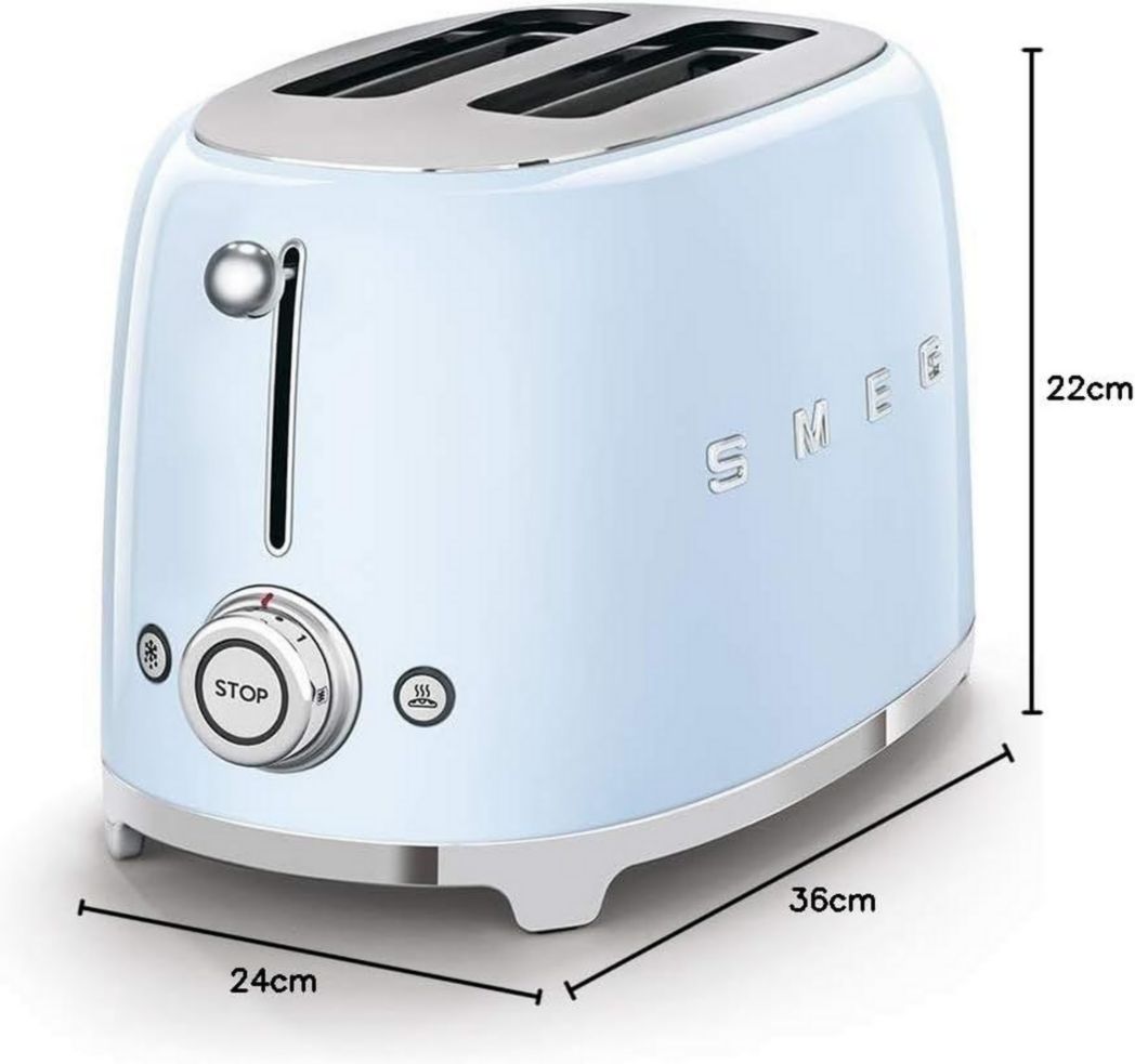 Smeg, Grille-pain 2 tranches TSF01BLEU, 2 fentes 36 mm, 6 niveaux de brunissage, fonctions chauffage, décongélation et bagel, éjection automatique du pain, tiroir ramasse-miettes, 950 W, noir
