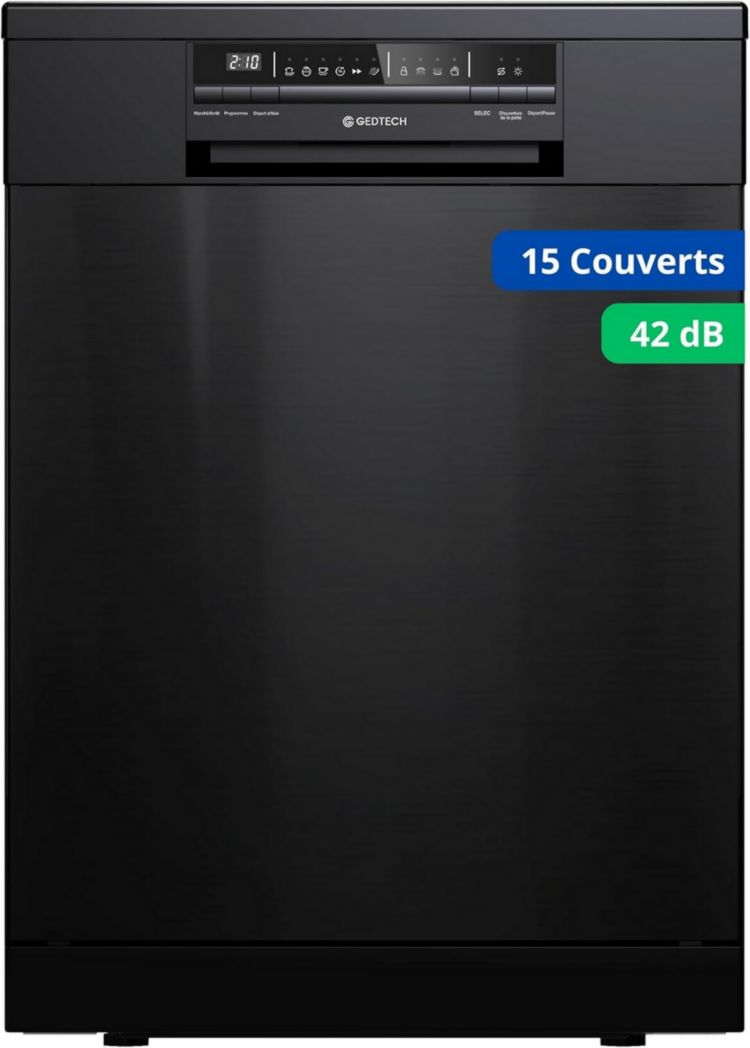 Lave-vaisselle GEDTECH GLV1542DX 15 ch - Tiroir à couverts - 42 dB - Ultra silencieux - Départ différé - Éco - Intensif - Rapide - Faible consommation - Classe C - Inox foncé - Protection enfant