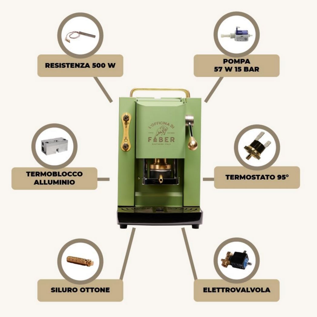 Machines à café Faber | Modèle Pro Total Inox Deluxe | Machine à café à dosettes 44 mm | Pressostat réglable en laiton | Électrovanne standard (laiton)